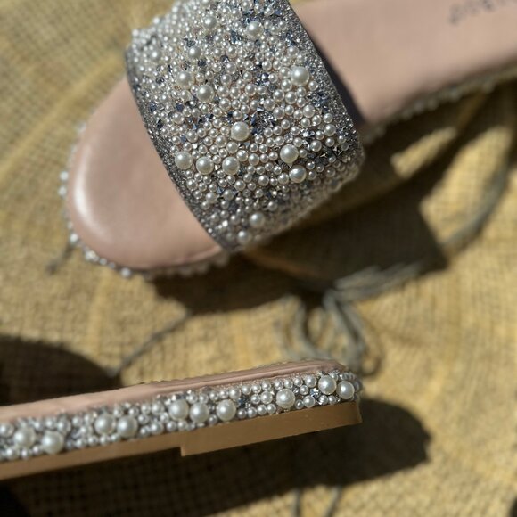 New Bling Rhinestone Pearl Open Toe Slide Sandals Flip Flops Low Flat Platform - Picture 5 of 5